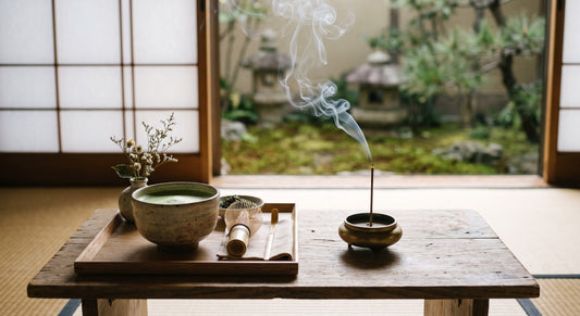 A bowl of frothy matcha green tea and traditional bamboo tools on a wooden tray, set beside a brass incense burner with a curling plume of smoke. The rustic table sits in a traditional Japanese room with open shoji screens revealing a peaceful Zen garden.