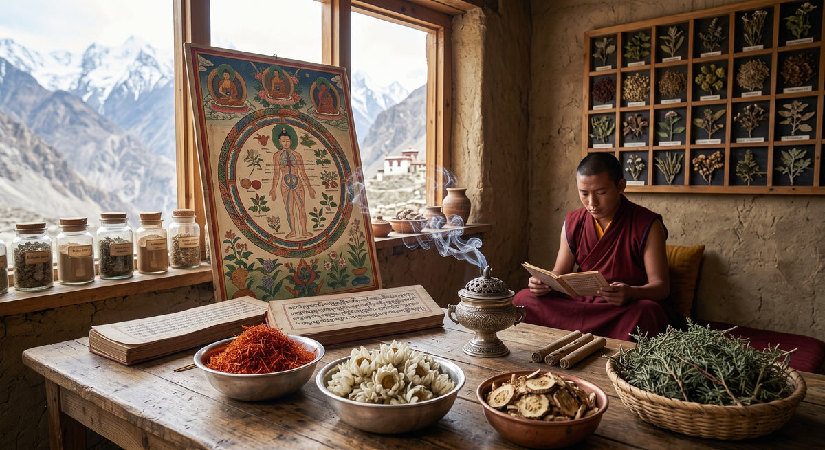 A young Tibetan monk reading a traditional manuscript next to a smoking incense burner, surrounded by bowls of herbs, jars of spices, and a Tibetan medical botanical chart, with snow-covered mountains visible outside