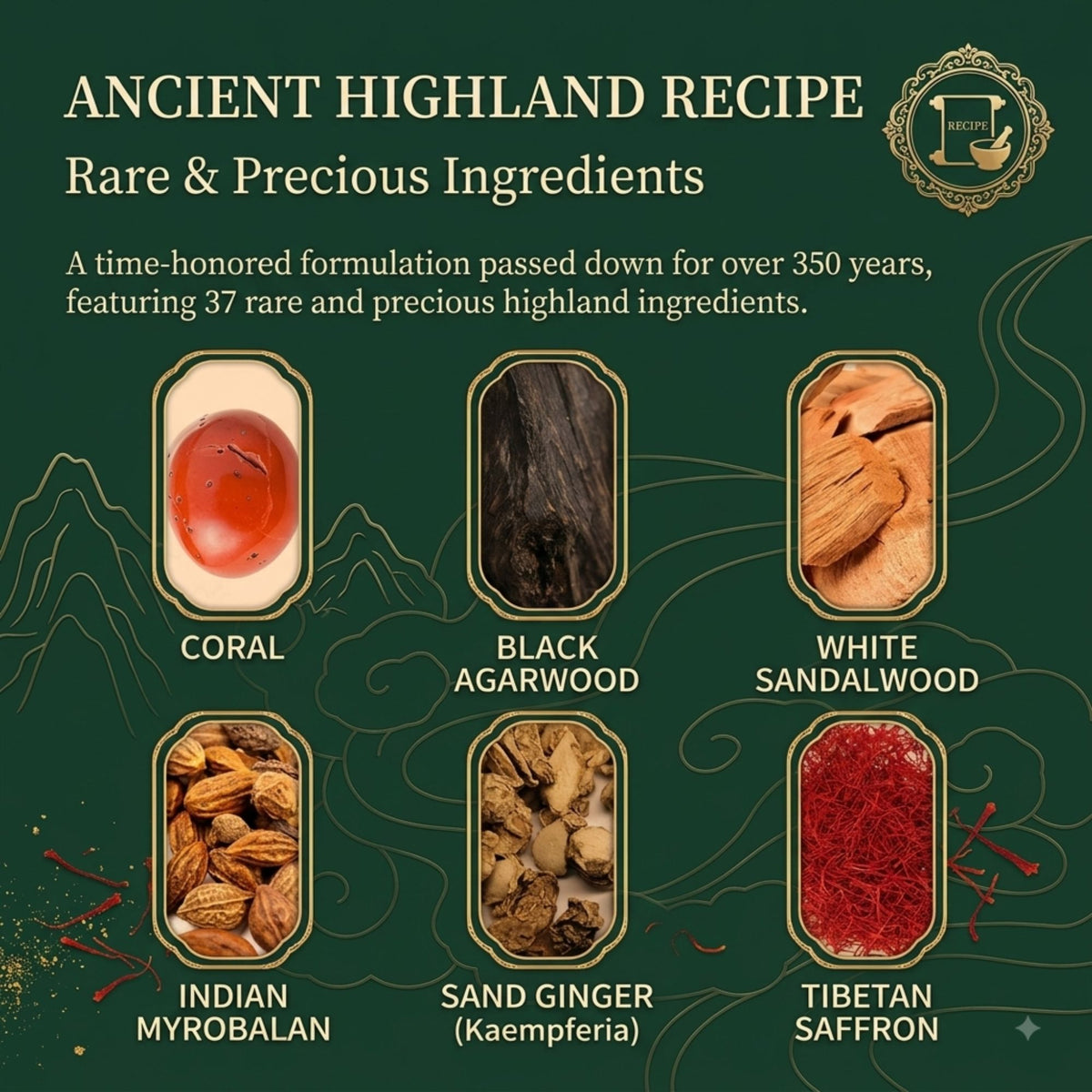 Ancient Highland Recipe Rare & Precious Ingredients promotional graphic on a dark green background, showing six ingredient panels labeled Coral, Black Agarwood, White Sandalwood, Indian Myrobalan, Sand Ginger (Kaempferia), and Tibetan Saffron with small photos of the ingredients.