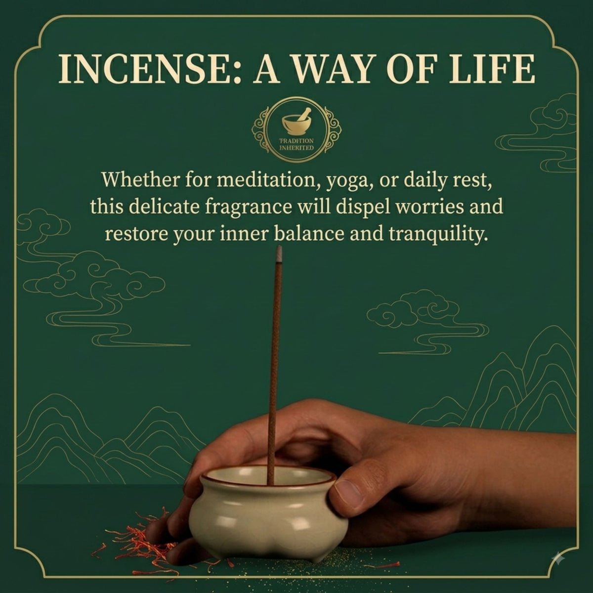 A hand holds a small white incense burner with a incense stick inserted, set against a dark green background with decorative clouds and mountains. Text at the top reads 'INCENSE: A WAY OF LIFE' with a logo for 'Palaestrian Spiritual Supplies' and descriptive copy about meditation and inner balance.