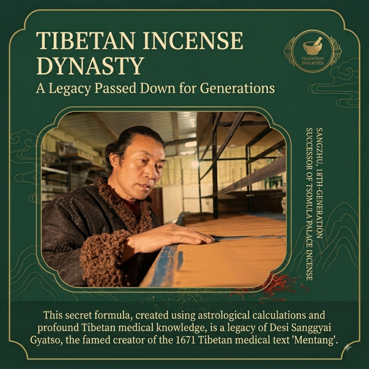 A square promotional graphic for Tibetan incense with a dark green background, ornate gold border details, and large cream text reading 'Tibetan Incense Dynasty.' A central inset photo shows a person working with incense materials indoors.