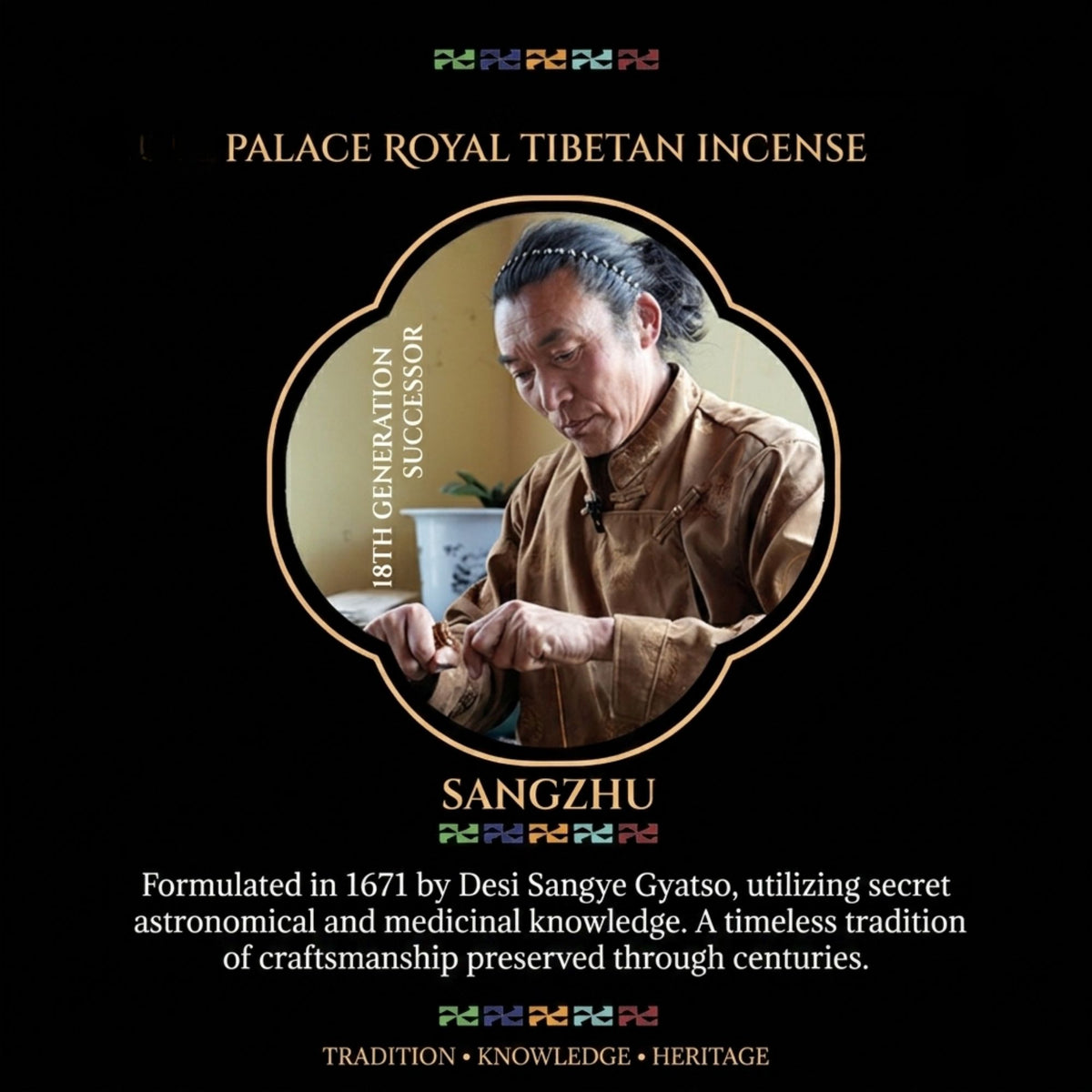 Product graphic for Dalai Lama Palace Royal Tibetan Incense Sangzhu, featuring a circular portrait of the 18th Operation Successor in traditional brown robes on a black background with gold and white text.