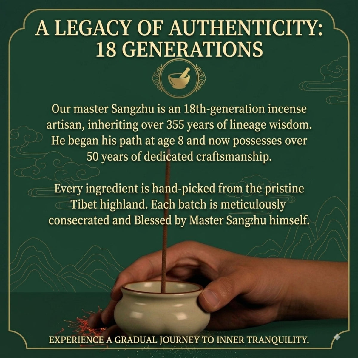 A dark green promotional graphic with cream text reading 'A LEGACY OF AUTHENTICITY: 18 GENERATIONS' and descriptive copy about an 18th-generation incense artisan, a small ceramic incense holder, and a hand holding the vessel. A blurred square obscures the center of the design.
