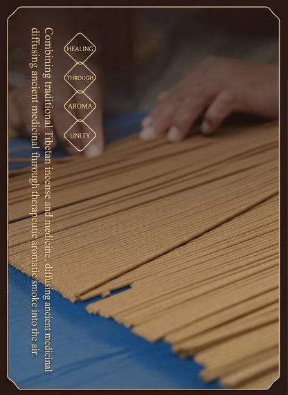 A close-up of incense sticks being arranged on a blue surface, with a hand visible in the background. The image has a dark brown border with vertical text describing the benefits of traditional incense.