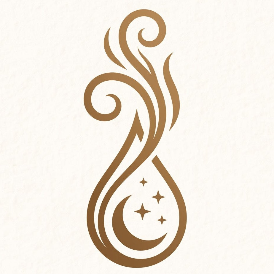 A centered brand logo for DAMLA INCENSE on a warm off-white textured background. The design features a stylized golden-brown teardrop with swirling smoke and small stars above the brand name.